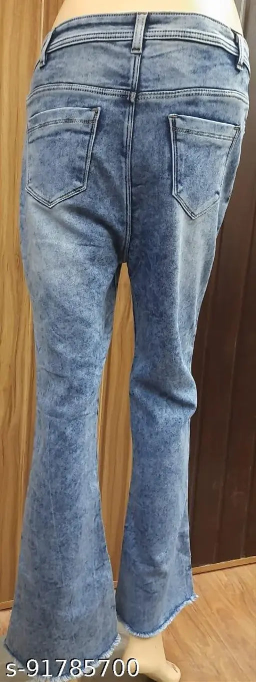 Denim bell bottom jeans, acid wash finish