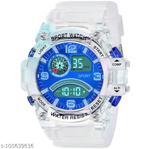 Blue digital sport watch with white face and black strap, pack of three with sunglasses and sports cap