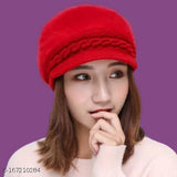 Red woollen beanie cap with fur inside and visor, winter wear