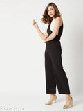 Multicolor polyester jumpsuit, off-white and black knit with asymmetric neckline and golden show buttons, sleeveless style for women in various sizes from XS to XL. India origin