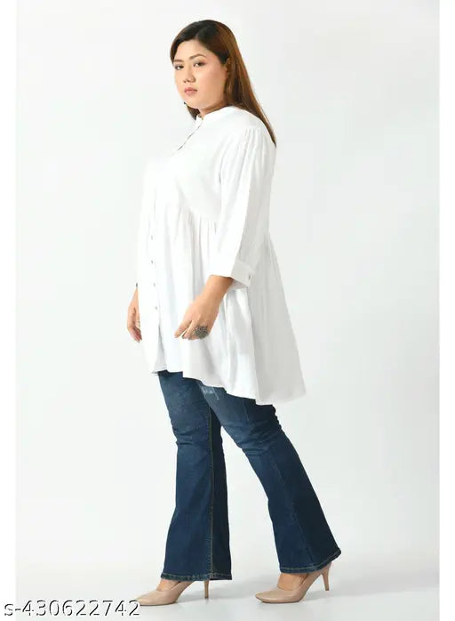 White rayon three-quarter sleeve top by SAAKAA, ideal for everyday wear with jeans or trousers. Made in India