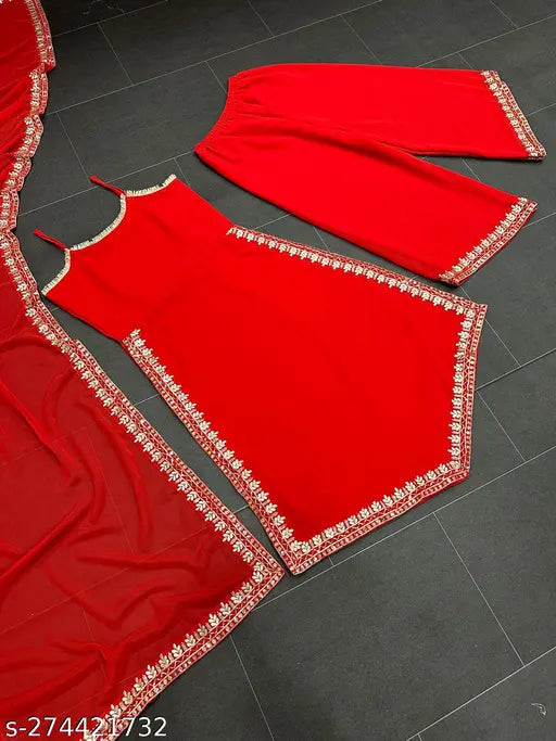 Faux Georgette Kurti Plazzo Set, solid net embroidered S-XL kurti with matching palazzos on mannequin