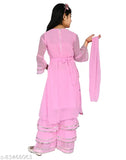 Girls pink Georgette frock dress, embroidered net, three-quarter sleeves. Single size 3-4 years, 22in bust, 30in length; 4-5 years, 24in bust, 32in length; 5-6 years, 26in bust, 34in length; 6-7 years, 7-8 years. India origin
