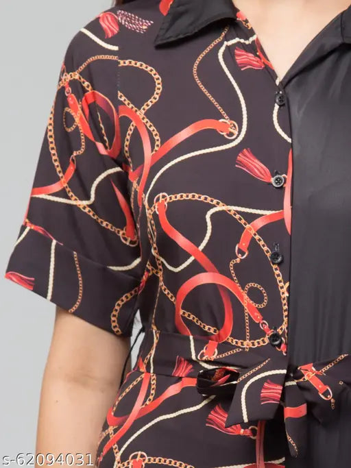 Dual-tone heart/love printed jumpsuit, poly crepe with short sleeves, vibrant print design - XS (32in bust, 51in length, 28in waist)