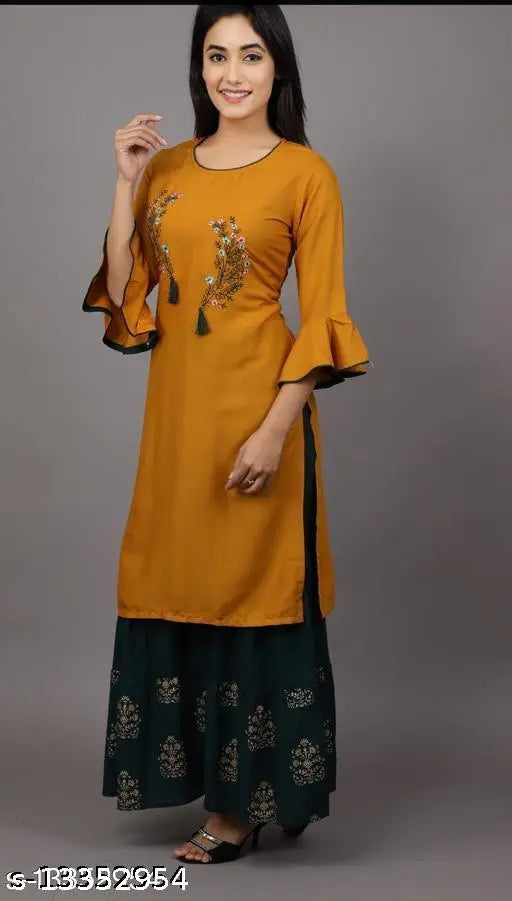 Yellow and black embroidery on kurta set, party wear, printed, sharara style, women's
