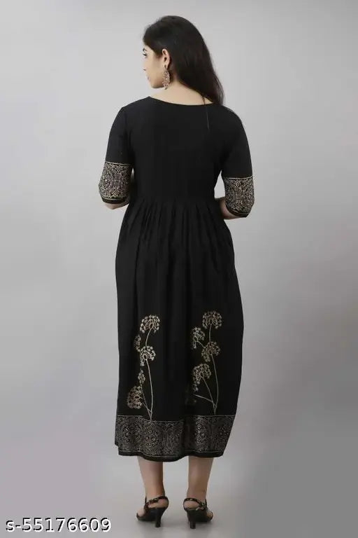 Black, cotton, long kameez with floral embroidery