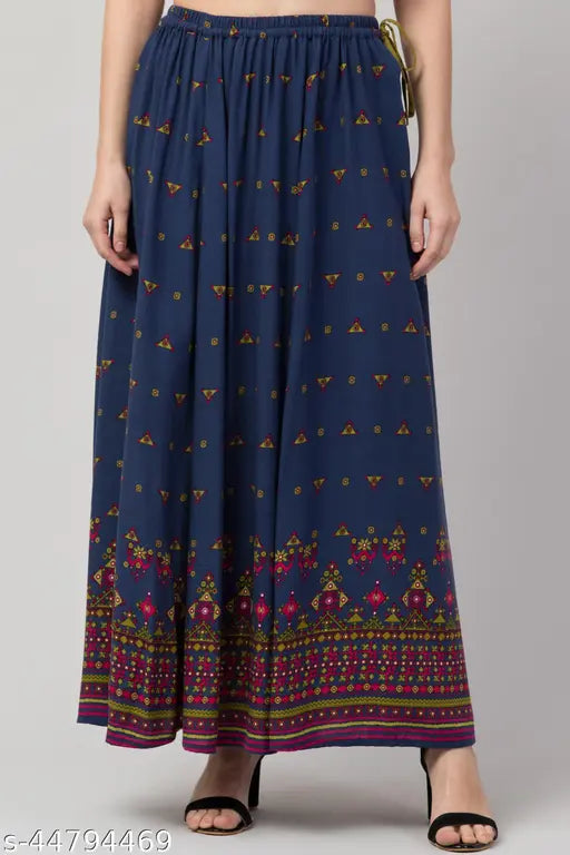 Stylish rayon A-line skirt with printed net pattern, elastic waistband and tie knot for perfect fitting, ideal for casual and evening wear, size 26/25in x 36in (India)