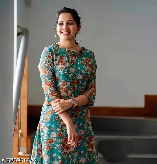 Bosaru brown rose maxi dress with bluish cyan three-quarter sleeves, printed georgette. Single stitch type, size S (36in bust, 46in length, 32in waist, 38in hip, 14in shoulder). India origin. Actual product color may vary