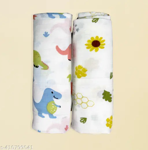White organic cotton Febvibe Baby Muslin Swaddleshawl, size 100x100cm for 0-18 months, featuring hand-block printed cartoon pattern