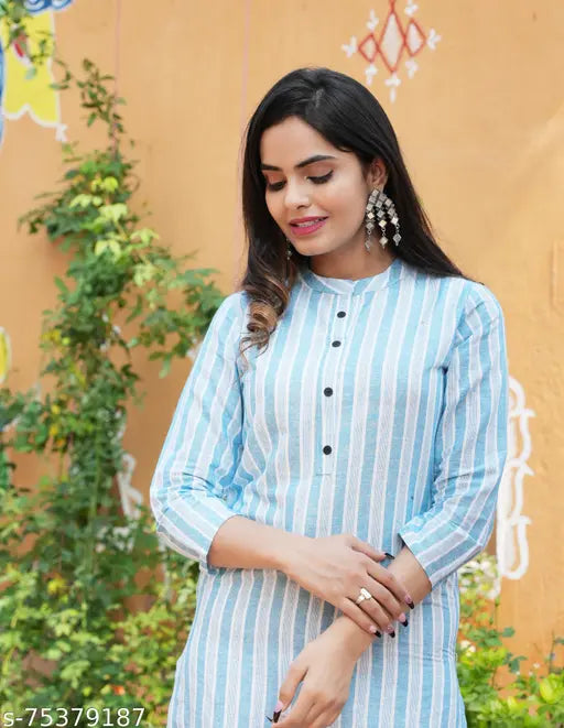Neutral cotton striped kurta, long sleeves, button closure