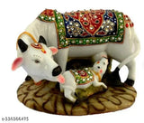 Marble Kamdhenu Cow & Calf Idol, handcrafted with high-quality decorative diamonds. Spiritual showpiece for home or office, 12cm x 12cm x 10cm