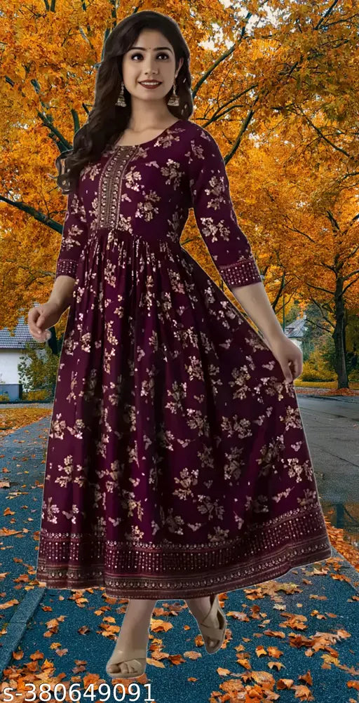Women's rayon printed Anarkali Kurti, three-quarter sleeves, viscose fabric, colorful Indian print, size S (bust 36in, length 48in) on model