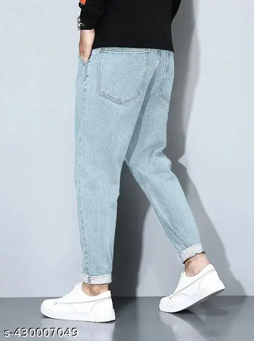 Ice blue denim Zara men's momfit jeans, baggy, loose fit, vintage-inspired, indie style - sizes: 28 (Waist: 28in, Length: 42in, Hip: 38in), 34 (Waist: 34in, Length: 42in, Hip: 44in), origin: India