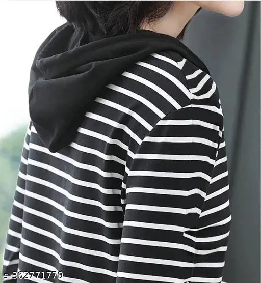 Striped cotton full sleeve women's t-shirt, Helpom stylish hooded neck in India