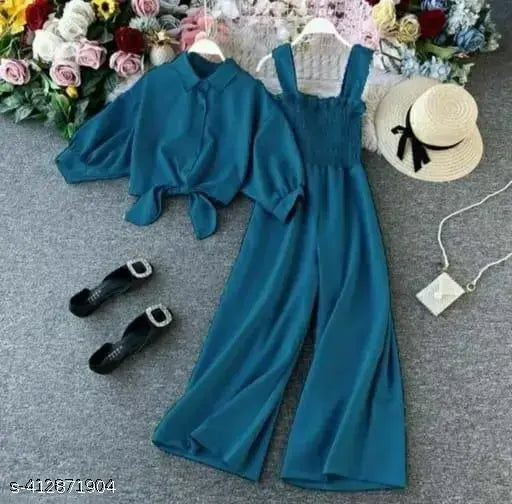 Blue crepe two-piece Western style ladies jumpsuit with solid print, sleeveless, available in sizes S, M, L