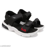 Black, white, red sport sandals with strap and buckle adjustments