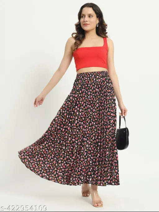 Floral print crepe elastic waist long skirt, versatile and sophisticated for all occasions
