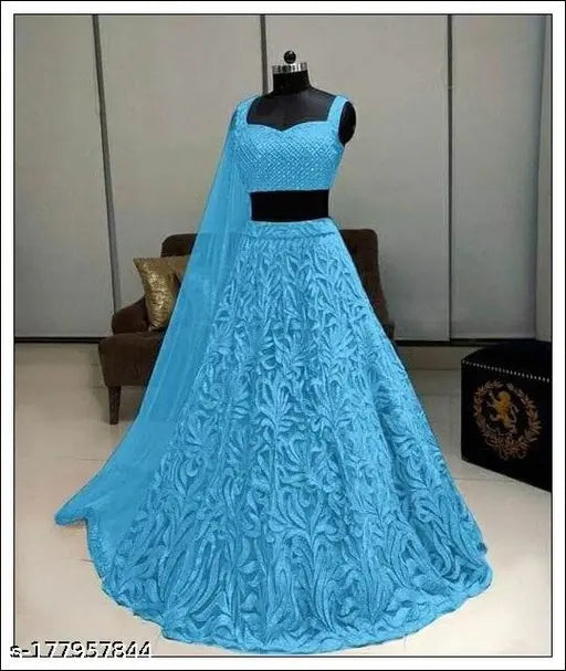 Embellished net lehenga choli set with lace dupatta, Indian women's partywear