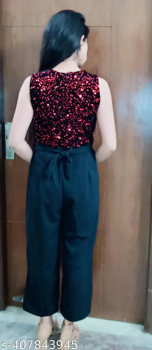 Maroon and black cotton blend sleeveless jumpsuit with sequin work, ideal for party/casual wear, women's fashion from India