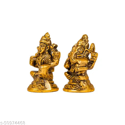 Lakshmi and Ganesha metal idols in gold color, for home decoration