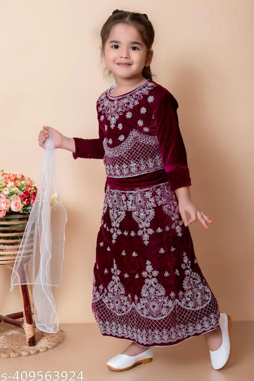 Velvet and silk embroidered kids' lehenga cholis, 3/4 sleeves, Indian fashion for girls aged 6 months to 15 years