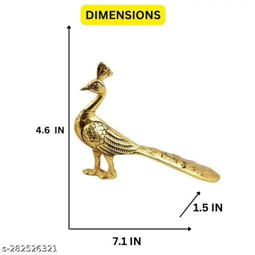 Gold-plated peacock Mor metal figurine, handcrafted animal statuette for home decor, dimensions 7.5cm x 1.5cm x 6.5cm