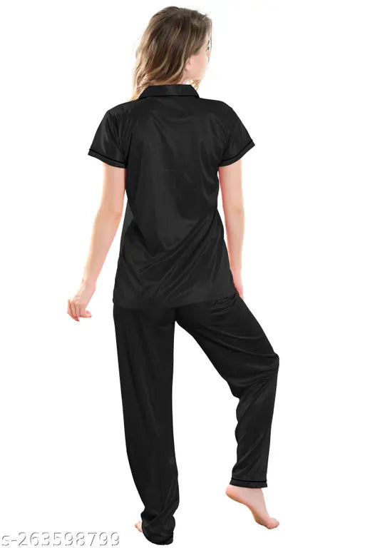 Silky satin nightdress set, short sleeve, two-piece for women's sleepwear. Soft, breathable, and comfortable loungewear for women. Machine washable, perfect for gifts and pajama parties. Made in India
