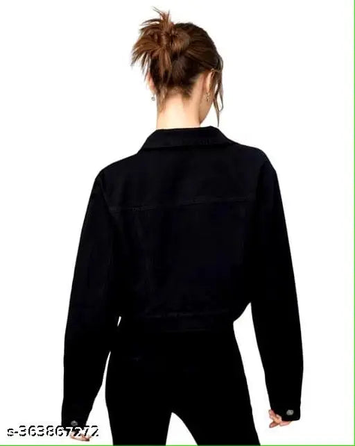Black denim jacket for women, solid design, long sleeves, size S (Bust 34in, Length 18in), women's winter wear