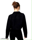 Black denim jacket for women, solid design, long sleeves, size S (Bust 34in, Length 18in), women's winter wear