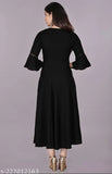 Black solid round flared women's kurti, belted waist, long sleeves