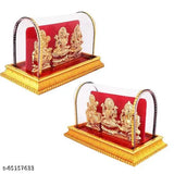Gold-plated Lord Ganesh, Lakshmi, Saraswati idol set, intricate Indian religious art sculptures