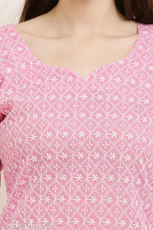 Pink cotton blend kurta set with palazzos, embroidered net, women's three-quarter sleeves, pack of 2 sizes S-XXXL, Indian ethnic wear for various seasons