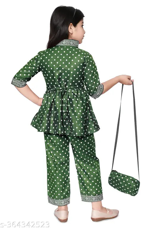 Festive rayon kurta set for girls with hand bag, printed A-line top and salwar bottom, popular Indian ethnic fashion