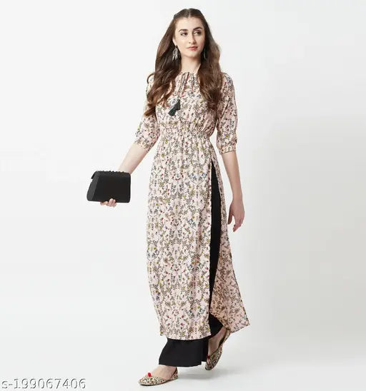 Multicolor peach floral maxi top with round neck, 3/4 sleeves, tassel detailing & front slit. Indian women's fashion