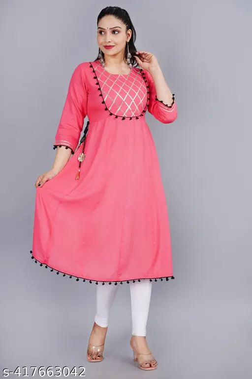 Red rayon printed maternity dress with fitted sleeves and flared skirt