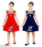 Printed cotton sleeveless party dress combo for girls aged 2-11, featuring red and blue designs, super quality from India