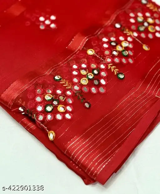 Red silk sari with red border and silver floral embroidery