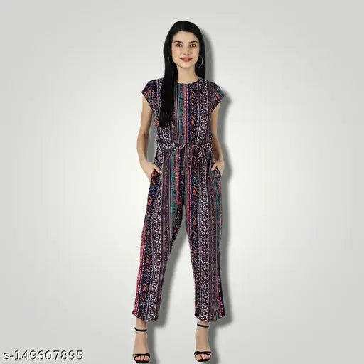 Short-sleeved printed net crepe jumpsuits for women & girls, vibrant Indian design