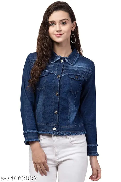 Solid denim women's jacket, latest style with long sleeves. Size S (bust 34in, length 21in), made in India