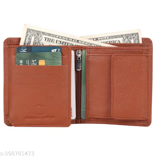 Brown genuine leather RFID-blocking men's wallet with 3 compartments, India origin