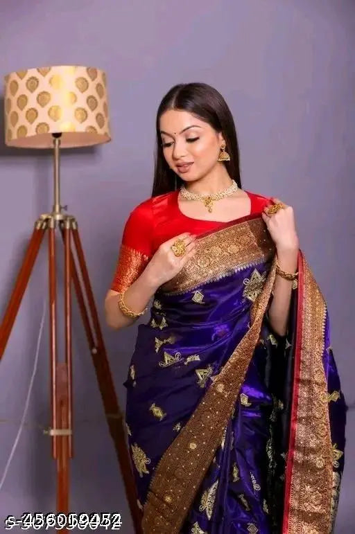 Sambhalpuri embroidery work Banarasi satin silk saree with matching running blouse, intricate zari woven patterns on display