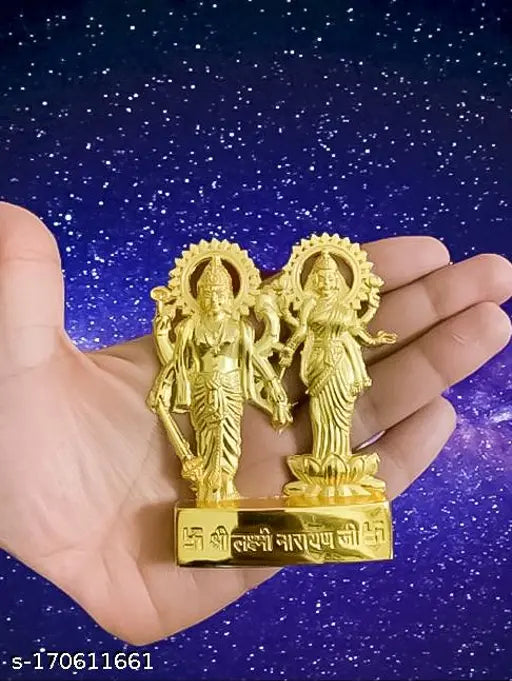Metallic Laxmi-Narayan idols, intricate Indian god figurines, 10cm x 10cm x 7cm each, handcrafted in India