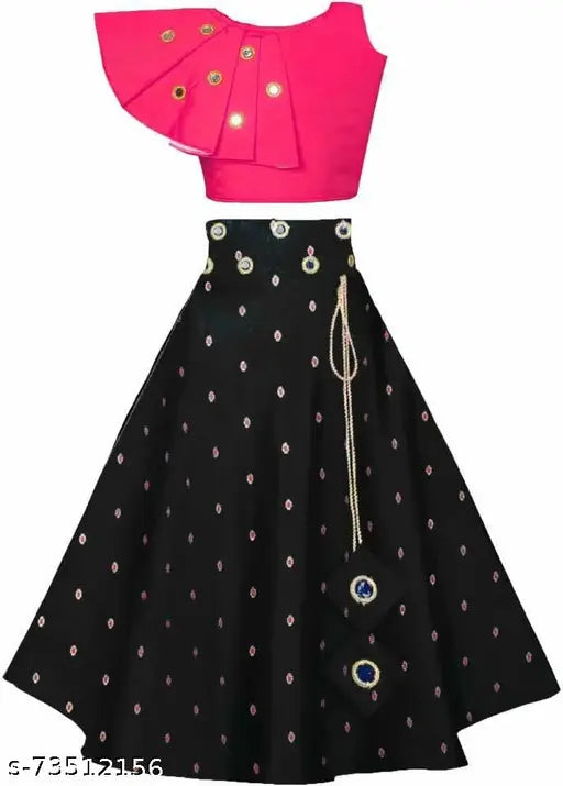 Girls' Indian Silk & Cotton Blend Embellished Lehenga-Choli Set, party wear for ages 18 months to 15 years, mirror work detail, handcrafted in India