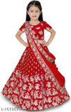Red silk lehenga choli with short sleeves and embroidered patterns, Indian traditional dress for kids and free size