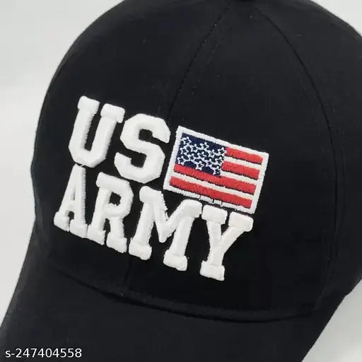 Black cotton baseball cap with printed US Army design, casual and sporty accessory for men or women. Made in India
