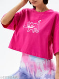 Magenta cotton blend loose fit Bad Cat crop top T-shirt, perfect for street-style with cool graphics and comfortable design