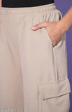 Tan cargo shorts with multiple pockets, elastic waistband
