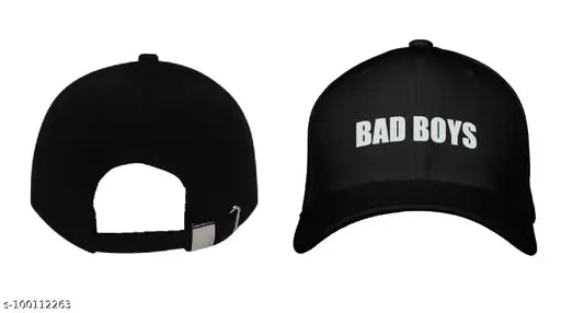 Black cotton baseball cap with printed Bad Boys design, unisex style from Kiwicaves, perfect for casual or sporty outings