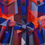Silver Kraft girls multi-colored cotton frock dress with blue ribbon and zip closure