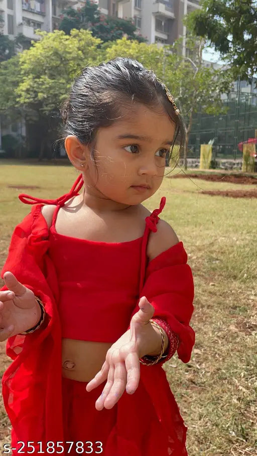 Kids poly georgette sharara and crop top set with frilled duppatta in various sizes, Indian traditional attire for kids on display